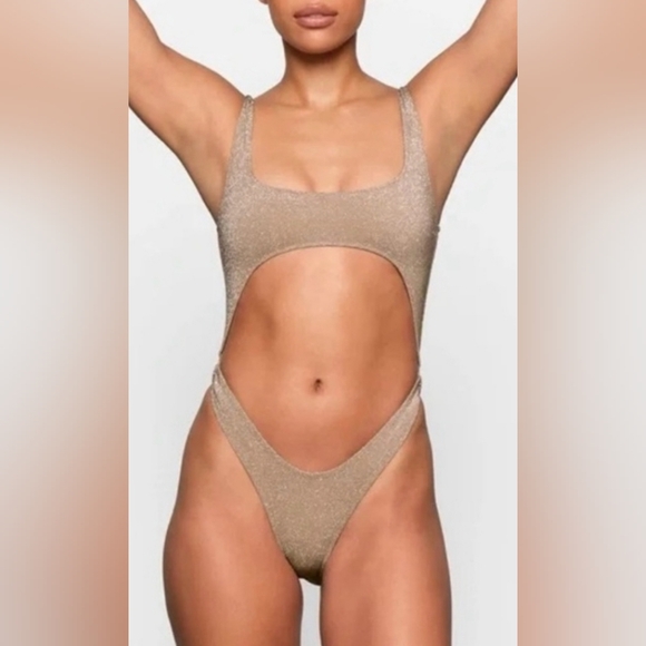 SKIMS Glitter Sparkle 1 Piece Swimsuit Sexy Monokini Sienna Nude Tan 22 24 3X - Picture 6 of 9